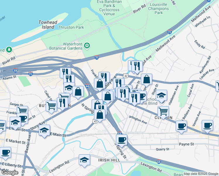 map of restaurants, bars, coffee shops, grocery stores, and more near 1607 Frankfort Avenue in Louisville