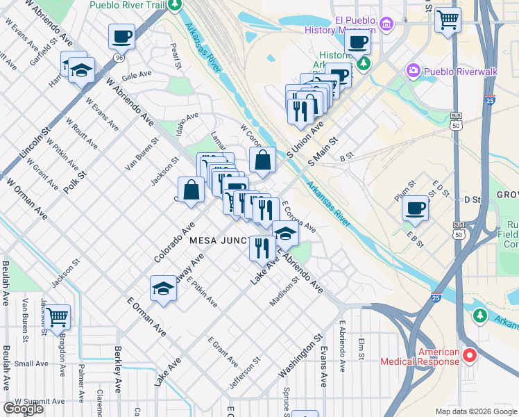 map of restaurants, bars, coffee shops, grocery stores, and more near 787 South Main Street in Pueblo