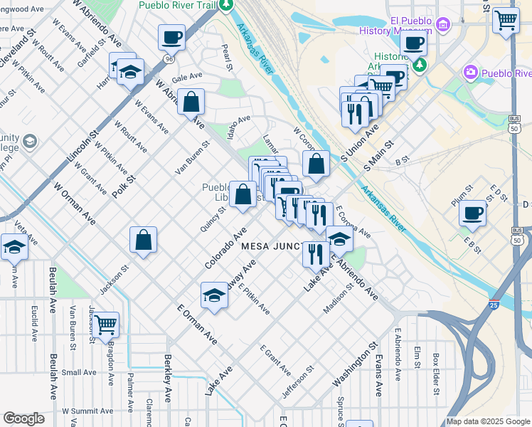 map of restaurants, bars, coffee shops, grocery stores, and more near 120 Colorado Avenue in Pueblo