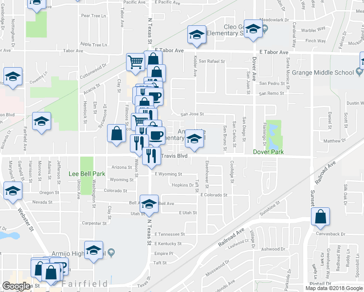 map of restaurants, bars, coffee shops, grocery stores, and more near 1614 Glenmore Drive in Fairfield