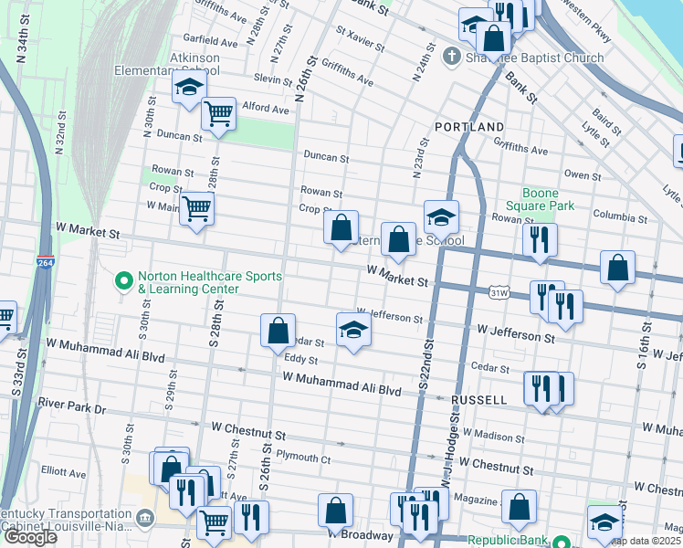 map of restaurants, bars, coffee shops, grocery stores, and more near 2414 West Market Street in Louisville