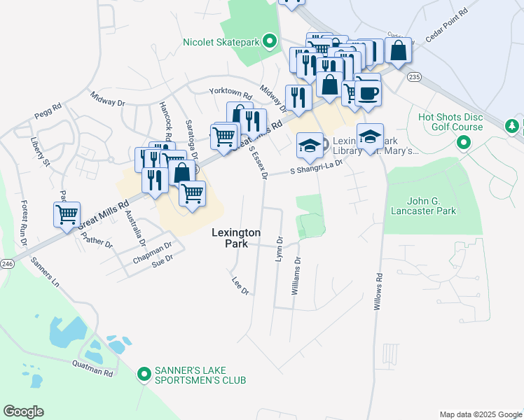 map of restaurants, bars, coffee shops, grocery stores, and more near 21615 South Essex Drive in Lexington Park