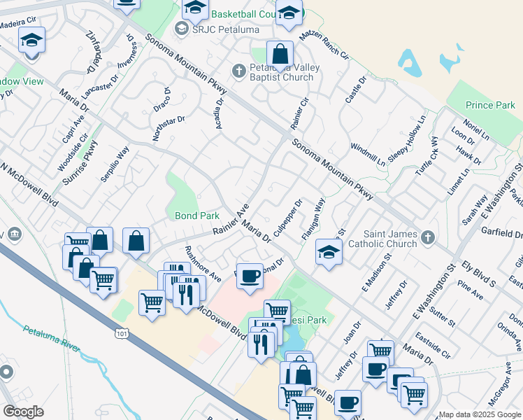 map of restaurants, bars, coffee shops, grocery stores, and more near 405 Trinity Court in Petaluma