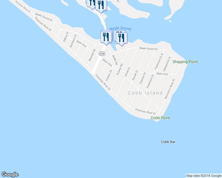 map of restaurants, bars, coffee shops, grocery stores, and more near 17497 Audrey Road in Cobb Island