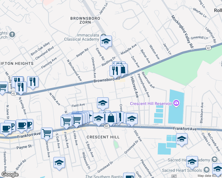 map of restaurants, bars, coffee shops, grocery stores, and more near 198 Crescent Avenue in Louisville