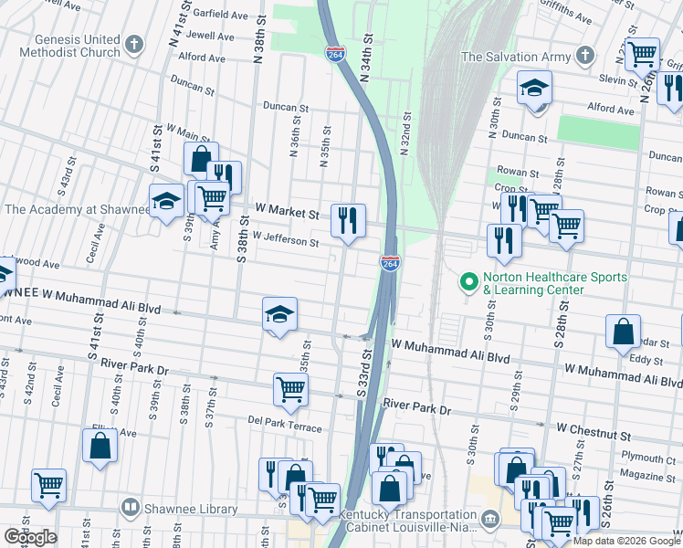 map of restaurants, bars, coffee shops, grocery stores, and more near S 34th St & Herman St in Louisville