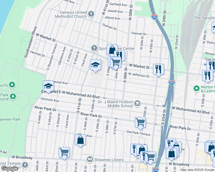 map of restaurants, bars, coffee shops, grocery stores, and more near 324 South 39th Street in Louisville