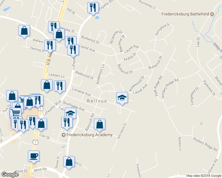 map of restaurants, bars, coffee shops, grocery stores, and more near 516 Laurel Avenue in Fredericksburg