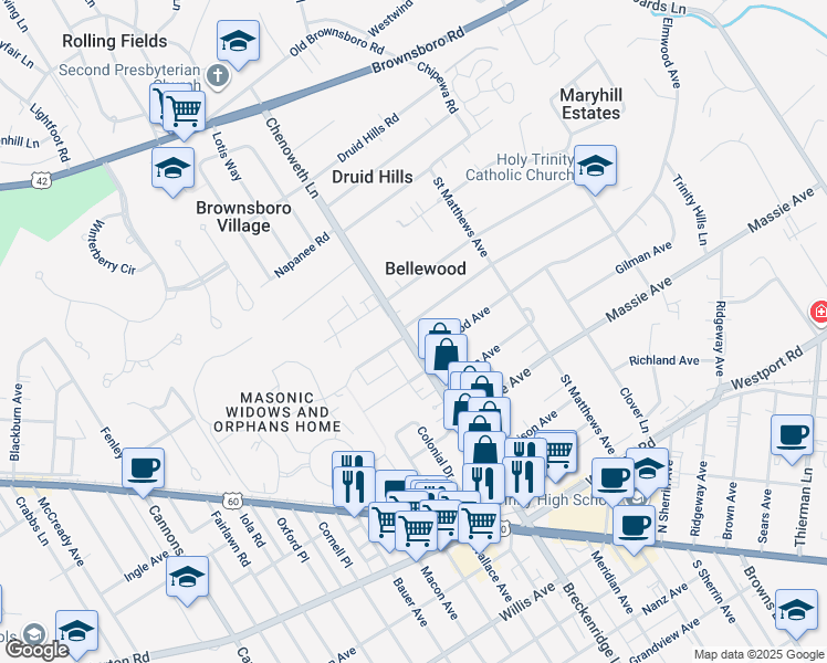 map of restaurants, bars, coffee shops, grocery stores, and more near 3900 Brookfield Avenue in Bellewood