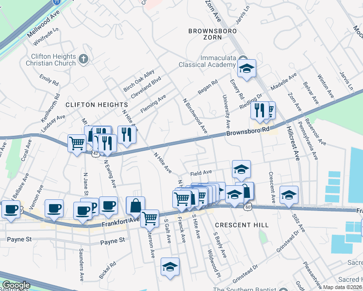 map of restaurants, bars, coffee shops, grocery stores, and more near 2726 Brownsboro Road in Louisville
