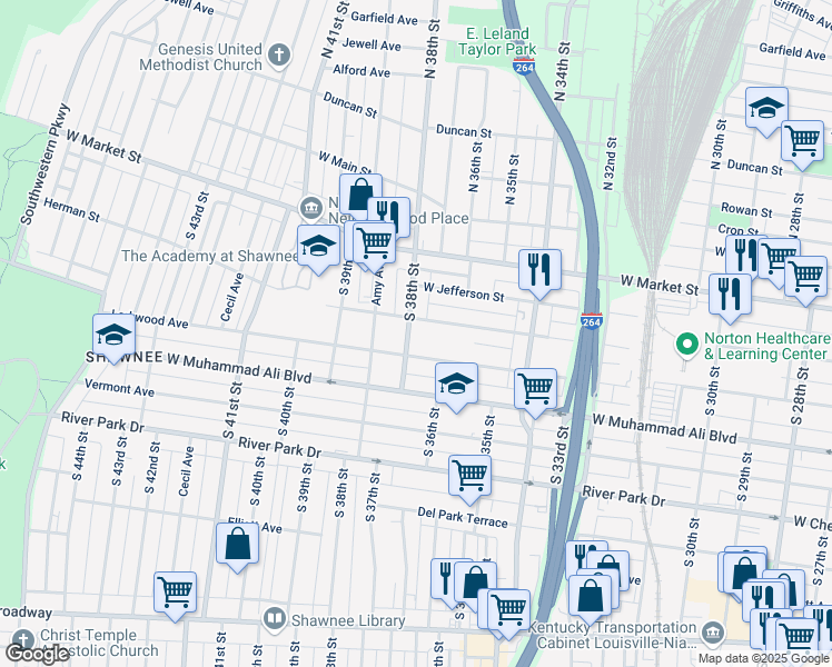 map of restaurants, bars, coffee shops, grocery stores, and more near 409 South 38th Street in Louisville