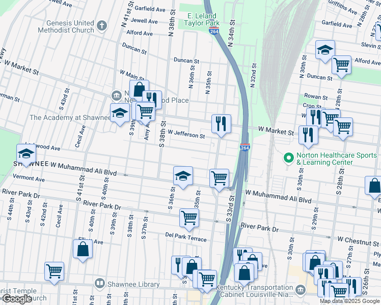 map of restaurants, bars, coffee shops, grocery stores, and more near 3520 Herman Street in Louisville