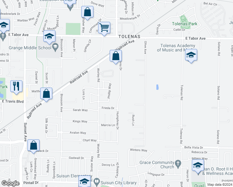 map of restaurants, bars, coffee shops, grocery stores, and more near 1400 Humphrey Drive in Suisun City