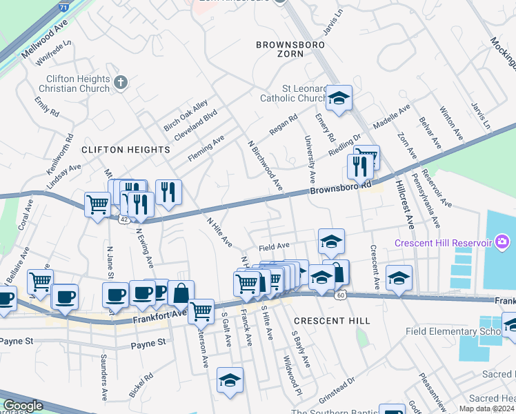 map of restaurants, bars, coffee shops, grocery stores, and more near 2726 Brownsboro Road in Louisville