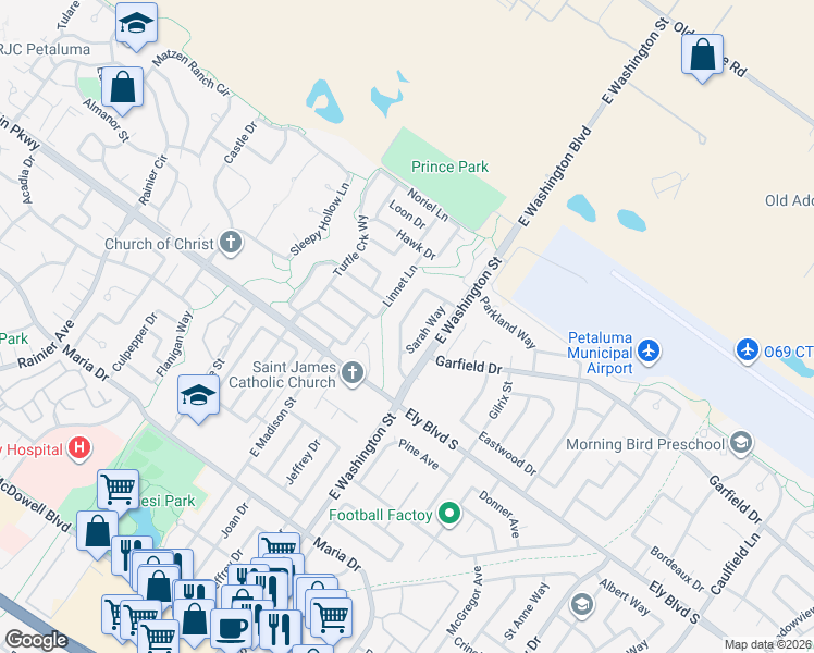 map of restaurants, bars, coffee shops, grocery stores, and more near 220 Redwood Circle in Petaluma