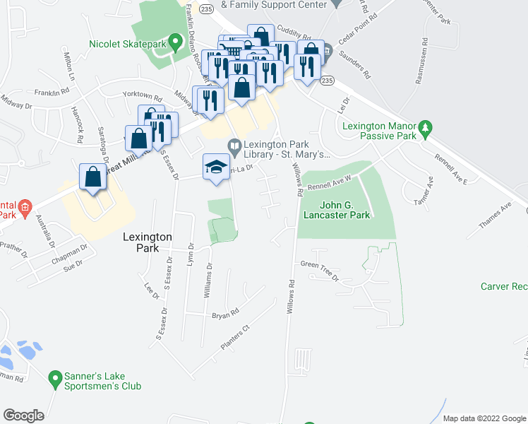 map of restaurants, bars, coffee shops, grocery stores, and more near 21547 Old Missouri Street in Lexington Park