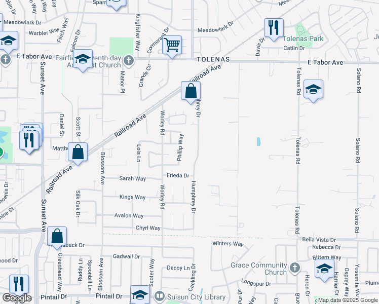 map of restaurants, bars, coffee shops, grocery stores, and more near 1400 Humphrey Drive in Suisun City