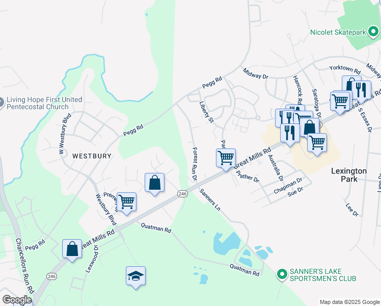 map of restaurants, bars, coffee shops, grocery stores, and more near 21535 Forest Run Drive in Lexington Park