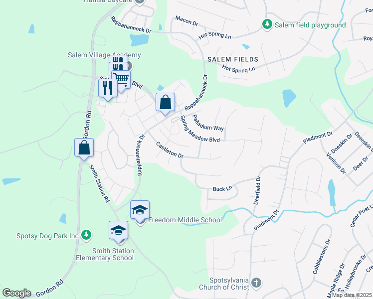 map of restaurants, bars, coffee shops, grocery stores, and more near 6805 Winthrop Court in Fredericksburg