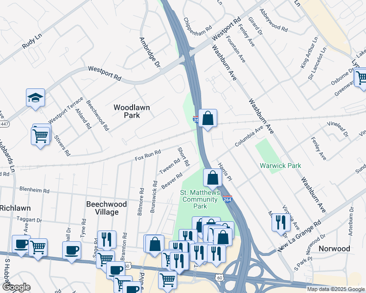 map of restaurants, bars, coffee shops, grocery stores, and more near 4620 Fox Run Road in Louisville