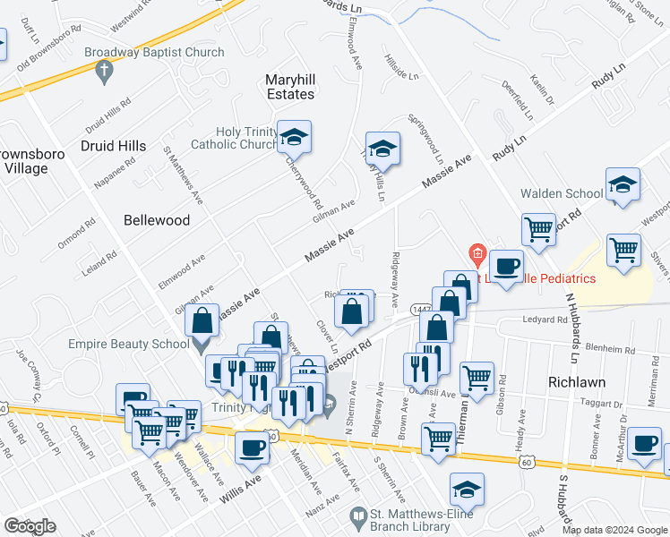 map of restaurants, bars, coffee shops, grocery stores, and more near 308 Exchange Avenue in Louisville