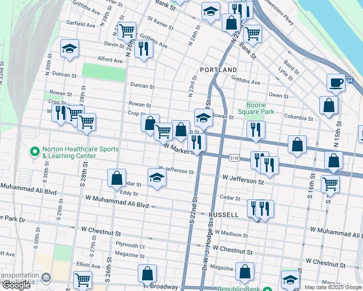 map of restaurants, bars, coffee shops, grocery stores, and more near 2235 West Market Street in Louisville
