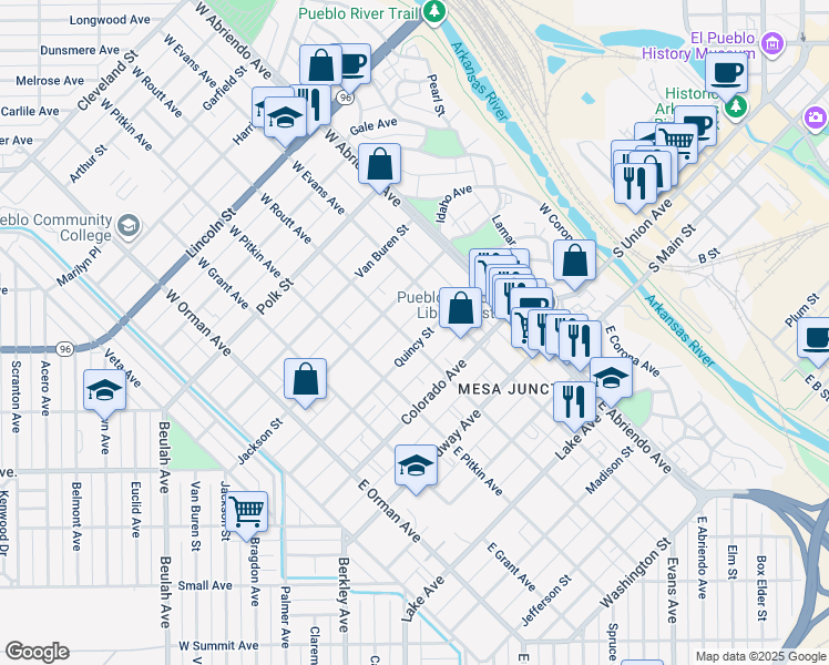 map of restaurants, bars, coffee shops, grocery stores, and more near 229 Quincy Street in Pueblo