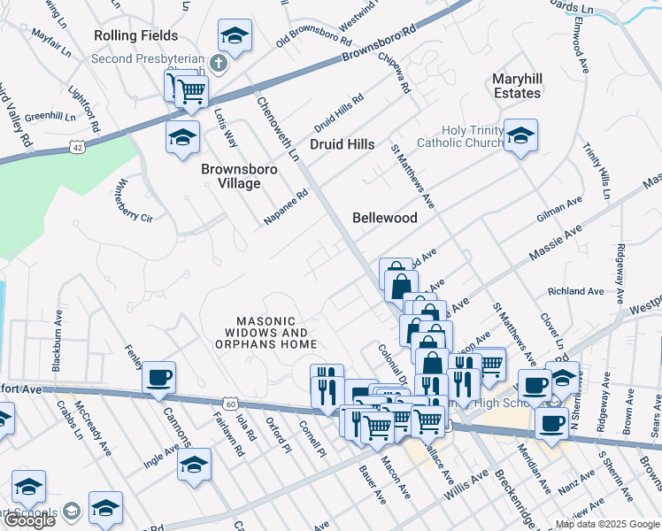map of restaurants, bars, coffee shops, grocery stores, and more near 3818 Leland Road in Saint Matthews
