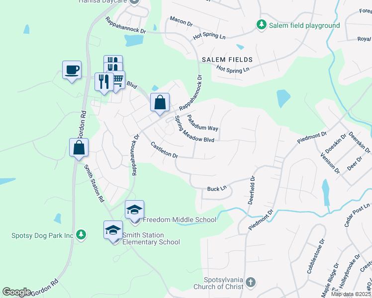 map of restaurants, bars, coffee shops, grocery stores, and more near 6801 Winthrop Court in Fredericksburg