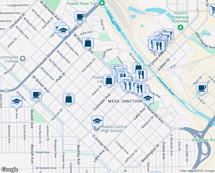 map of restaurants, bars, coffee shops, grocery stores, and more near 118 West Evans Avenue in Pueblo