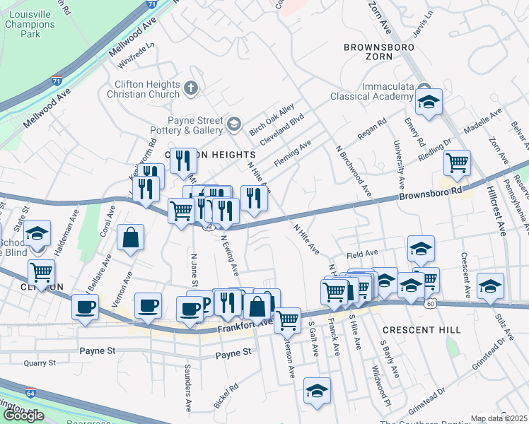 map of restaurants, bars, coffee shops, grocery stores, and more near 2505 Brownsboro Road in Louisville