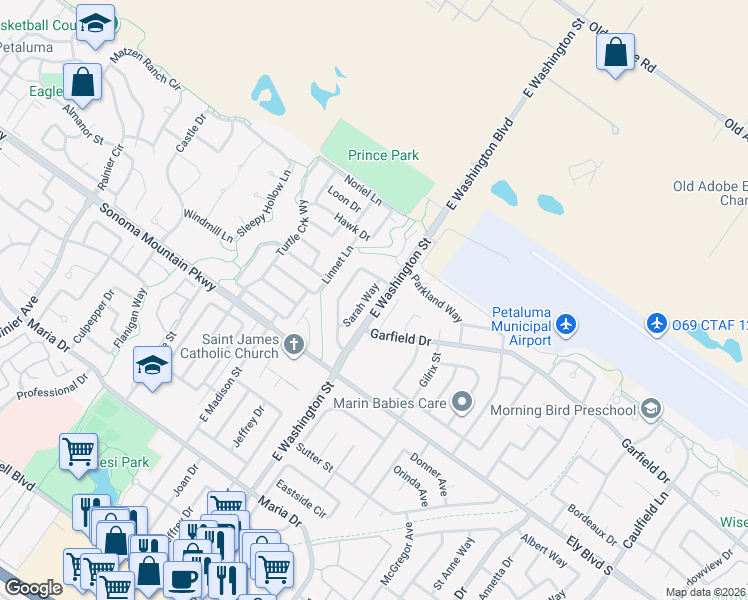 map of restaurants, bars, coffee shops, grocery stores, and more near 332 Sarah Way in Petaluma