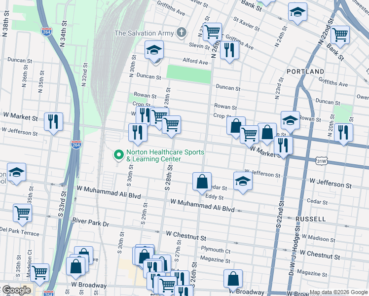 map of restaurants, bars, coffee shops, grocery stores, and more near 2717 Congress Street in Louisville
