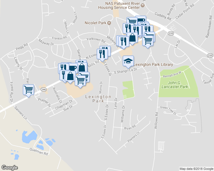 map of restaurants, bars, coffee shops, grocery stores, and more near 21545 South Essex Drive in Lexington Park