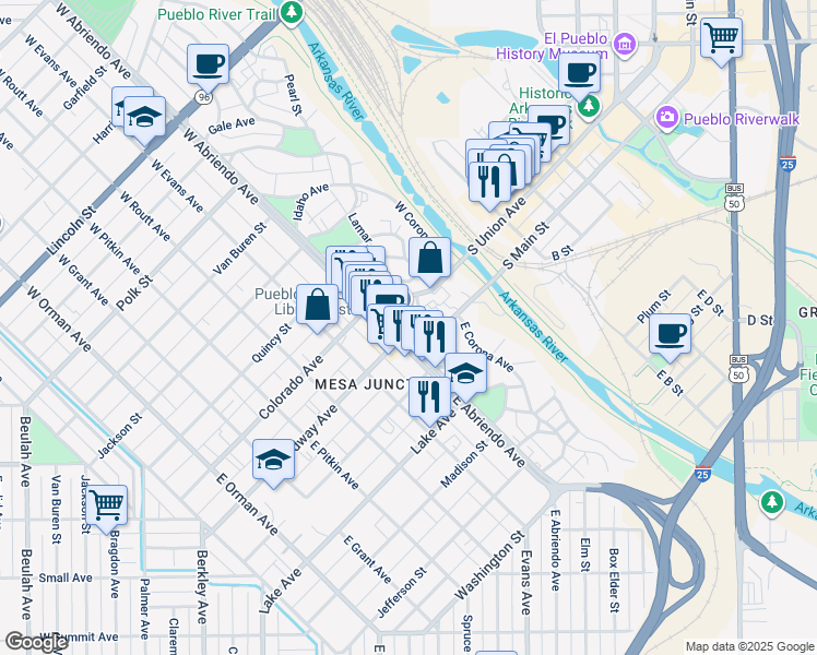 map of restaurants, bars, coffee shops, grocery stores, and more near 787 South Main Street in Pueblo