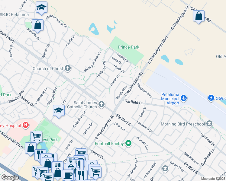 map of restaurants, bars, coffee shops, grocery stores, and more near 220 Redwood Circle in Petaluma
