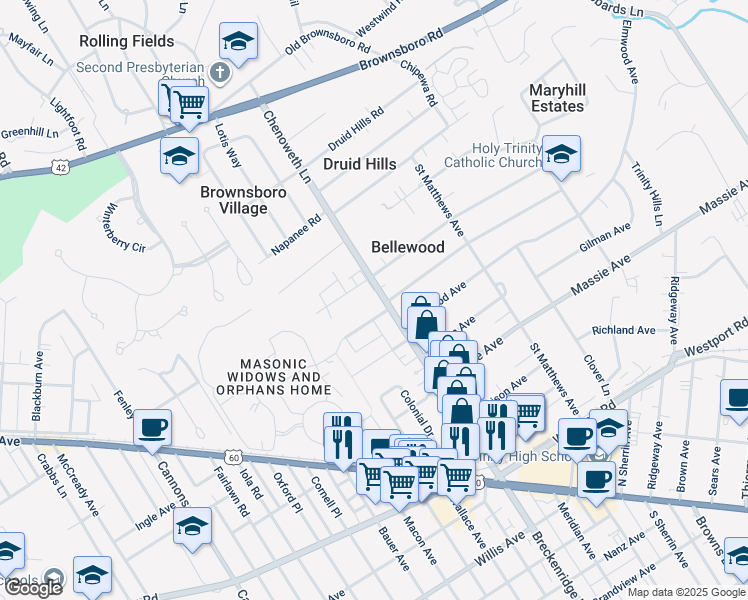 map of restaurants, bars, coffee shops, grocery stores, and more near 3900 Brookfield Avenue in Louisville