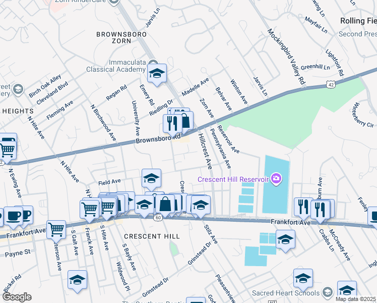 map of restaurants, bars, coffee shops, grocery stores, and more near 123 Royer Court in Louisville