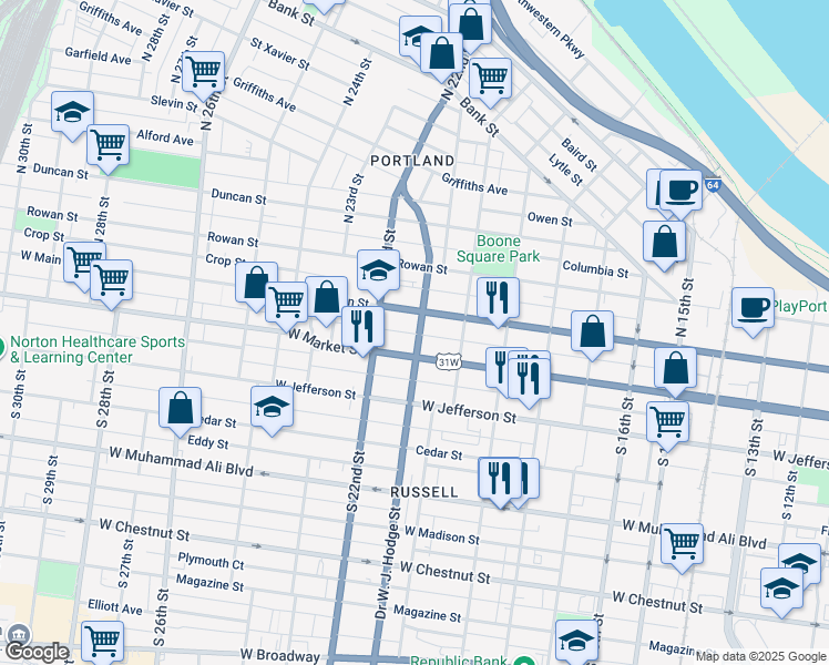 map of restaurants, bars, coffee shops, grocery stores, and more near 116 Doctor W. J. Hodge Street in Louisville