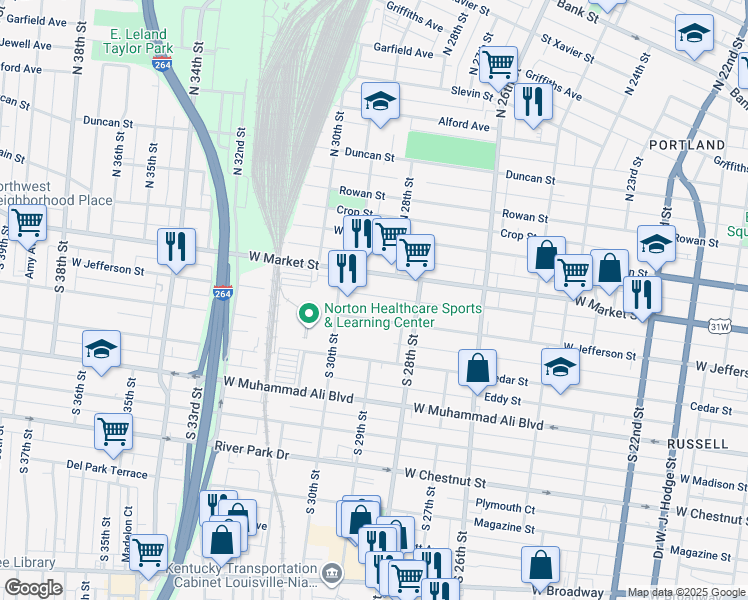 map of restaurants, bars, coffee shops, grocery stores, and more near 2840 Congress Street in Louisville