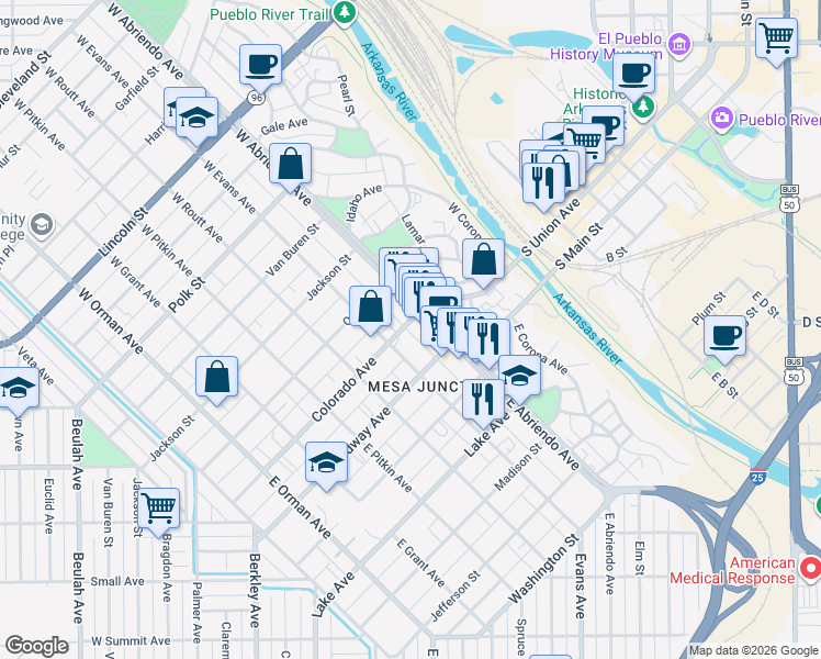 map of restaurants, bars, coffee shops, grocery stores, and more near 120 Colorado Avenue in Pueblo