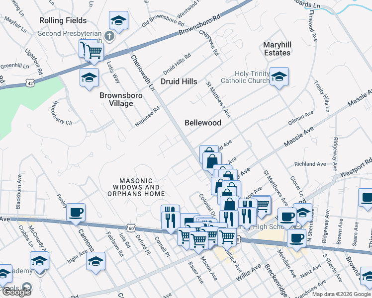 map of restaurants, bars, coffee shops, grocery stores, and more near 3900 Brookfield Avenue in Louisville
