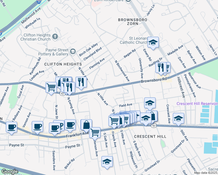 map of restaurants, bars, coffee shops, grocery stores, and more near 2726 Brownsboro Road in Louisville