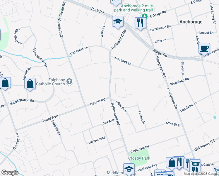 map of restaurants, bars, coffee shops, grocery stores, and more near Bellewood Road in Louisville