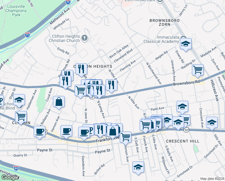 map of restaurants, bars, coffee shops, grocery stores, and more near 2505 Brownsboro Road in Louisville