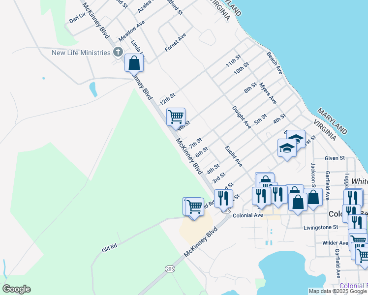 map of restaurants, bars, coffee shops, grocery stores, and more near 600 McKinney Boulevard in Colonial Beach