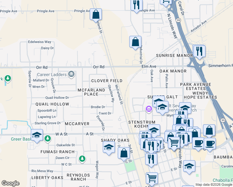 map of restaurants, bars, coffee shops, grocery stores, and more near 268 McFarland Street in Galt