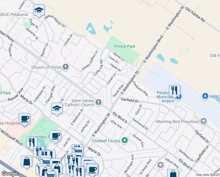 map of restaurants, bars, coffee shops, grocery stores, and more near 220 Redwood Circle in Petaluma