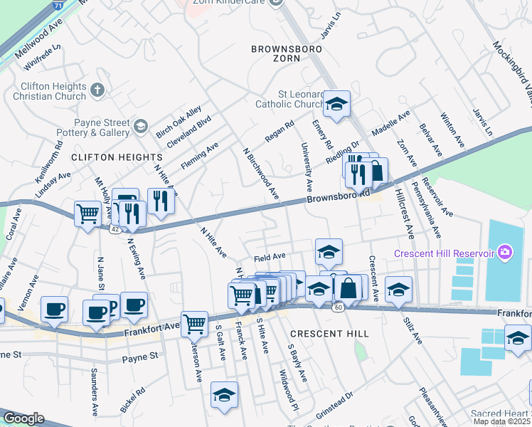 map of restaurants, bars, coffee shops, grocery stores, and more near 2738 Hollywood Terrace in Louisville