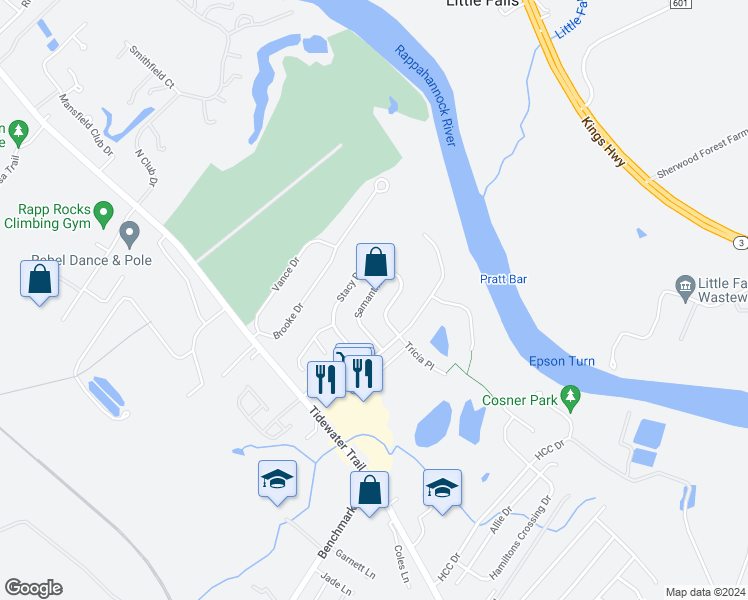 map of restaurants, bars, coffee shops, grocery stores, and more near 10821 Samantha Place in Fredericksburg